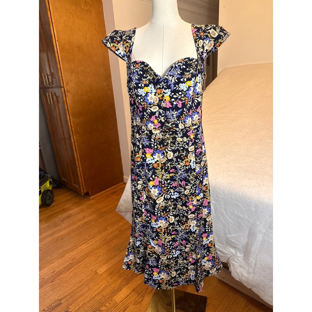 ANTHROPOLOGIE Navy Floral Cap Sleeve Midi Dress Multicolored Botanical print. L